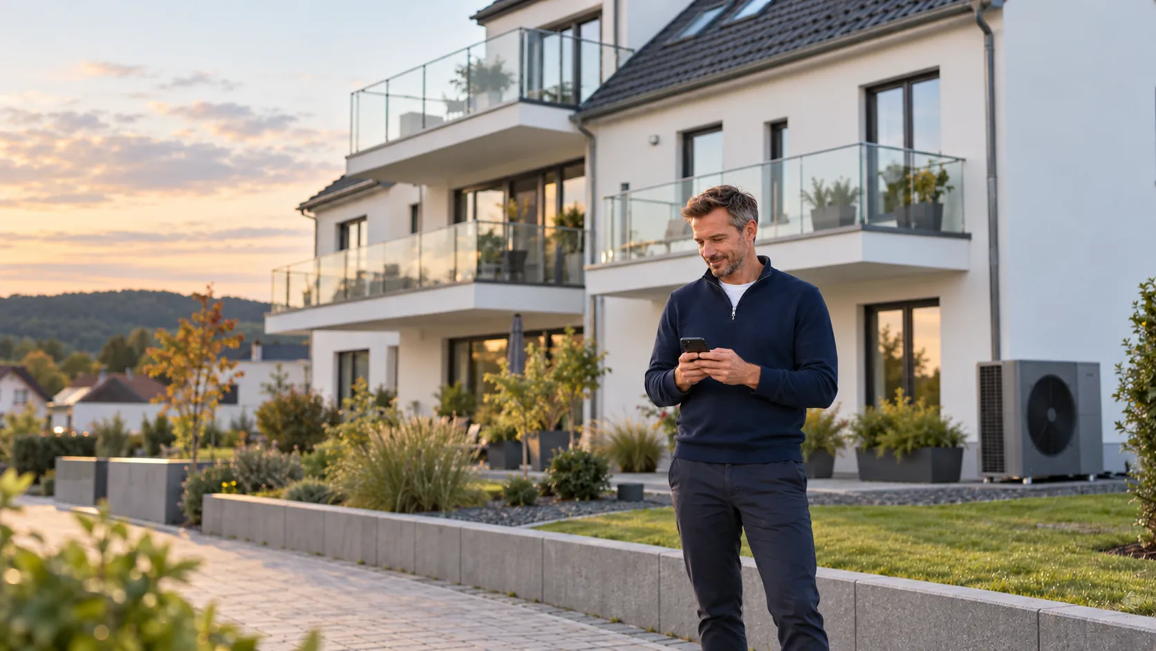 Vermieter mit Smartphone vor einem modernen Mehrfamilienhaus