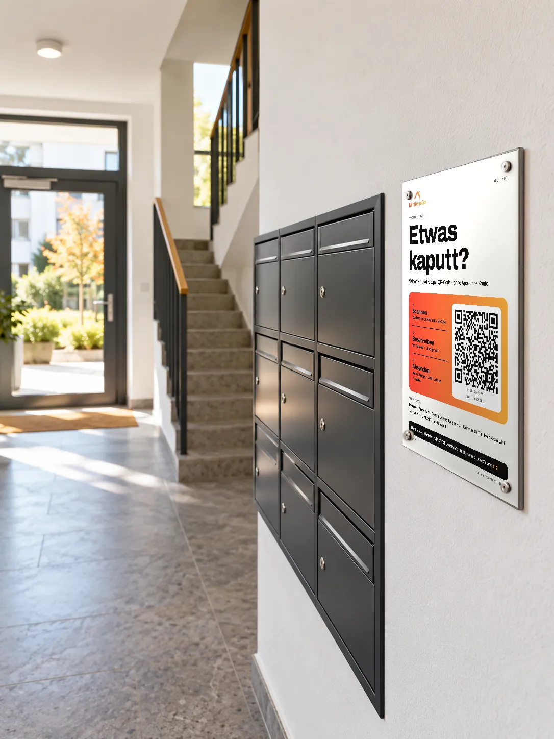 QR-Aushang von MietbaseGo neben den Briefkästen im Treppenhaus