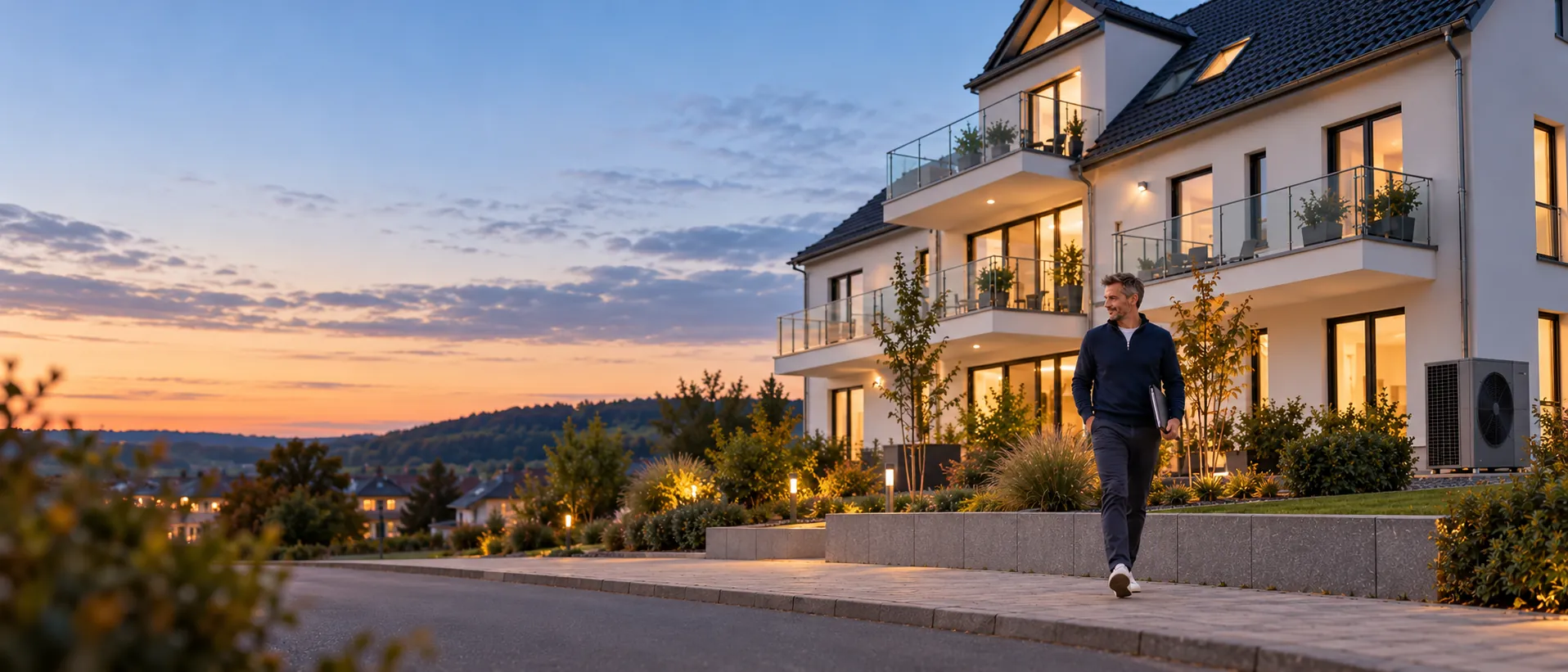 Modernes Wohnhaus zur blauen Stunde mit beleuchteten Fenstern