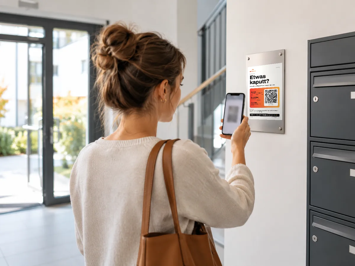 Mieterin scannt den QR-Aushang im Treppenhaus mit dem Smartphone