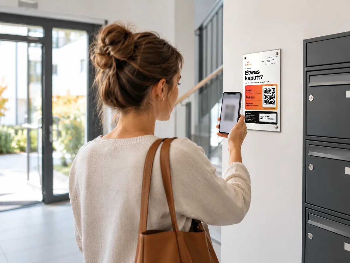 Mieterin scannt den QR-Aushang im Treppenhaus mit dem Smartphone