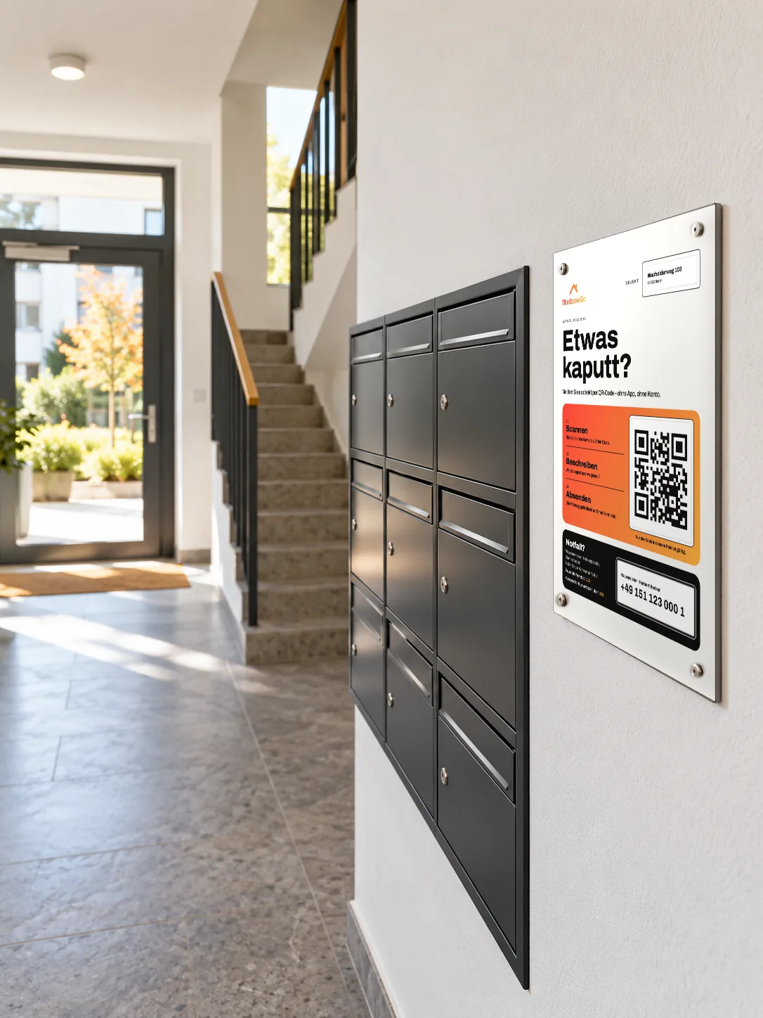 QR-Aushang von MietbaseGo neben den Briefkästen im Treppenhaus