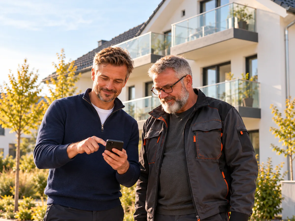 Vermieter zeigt dem Hausmeister eine Aufgabe auf dem Smartphone