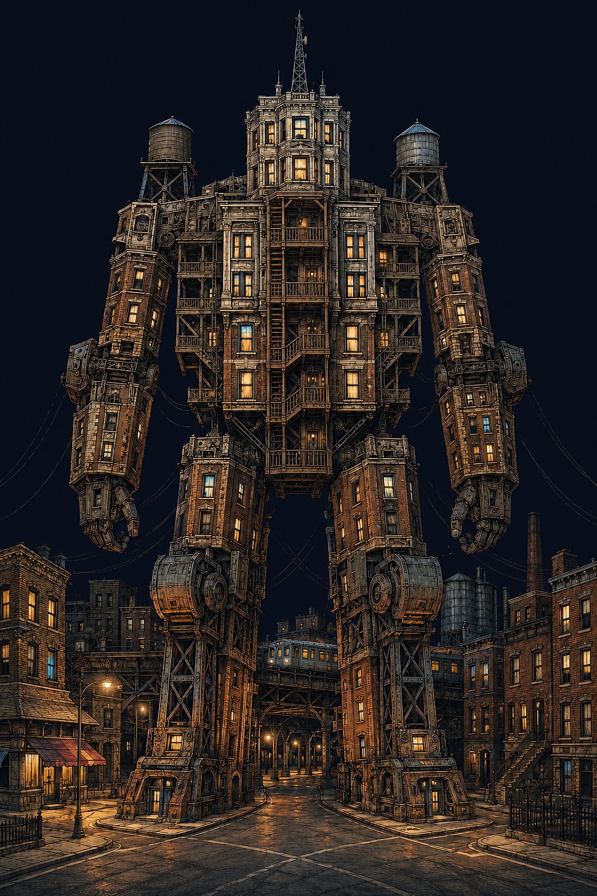 A towering building-shaped robot with glowing amber windows