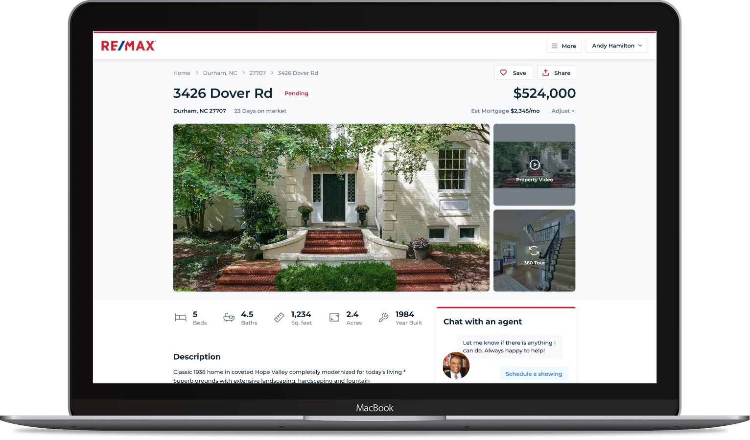 RE/MAX property listing on a MacBook