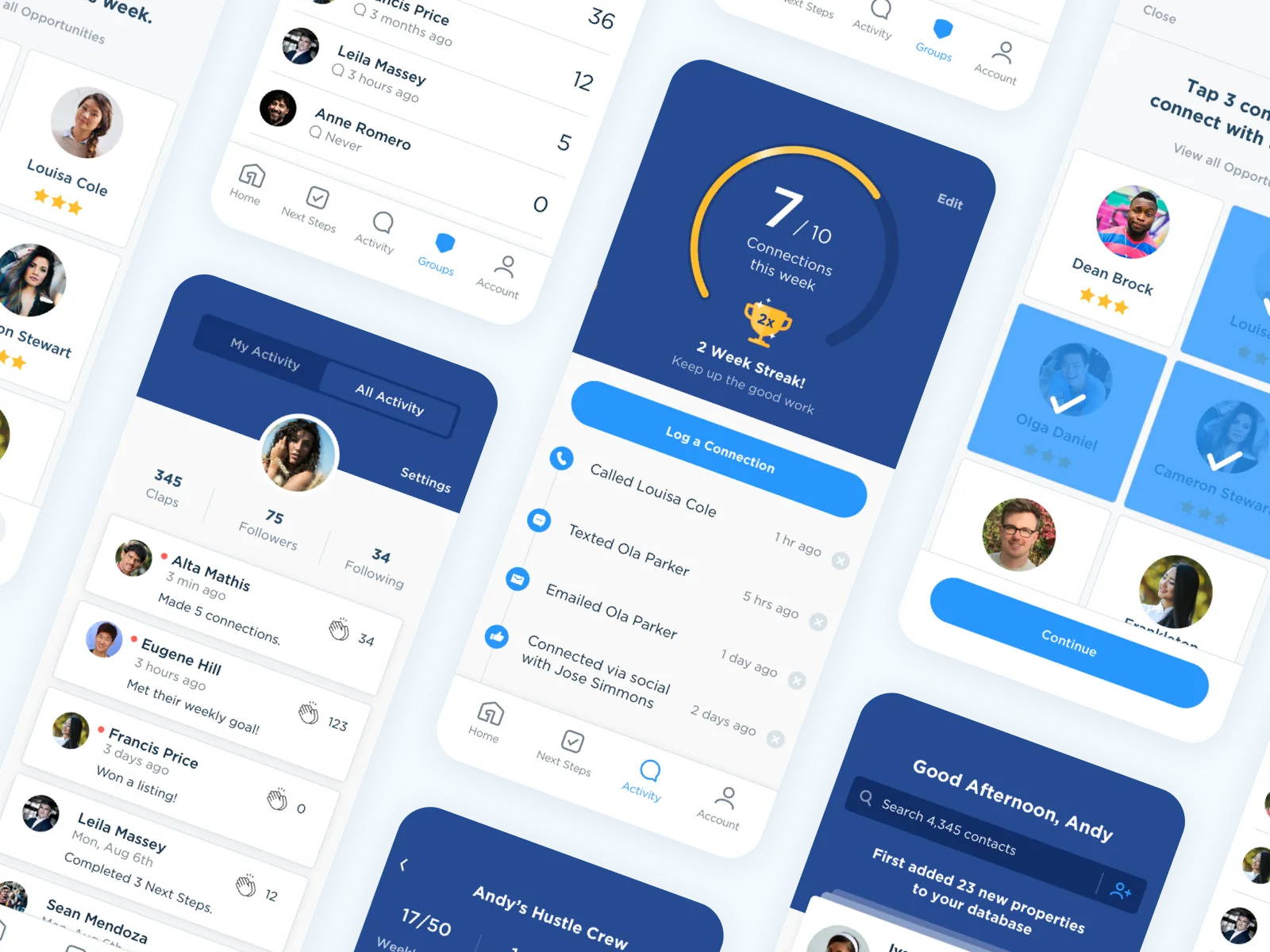 First real estate app screens with contacts and goals