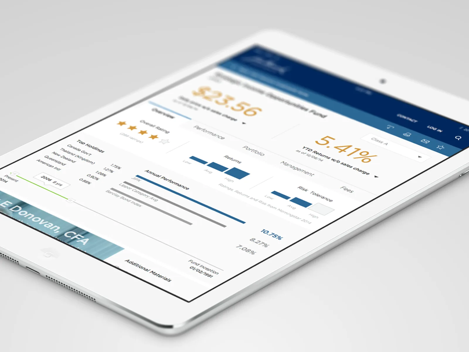 Investment portfolio interface shown on a tablet
