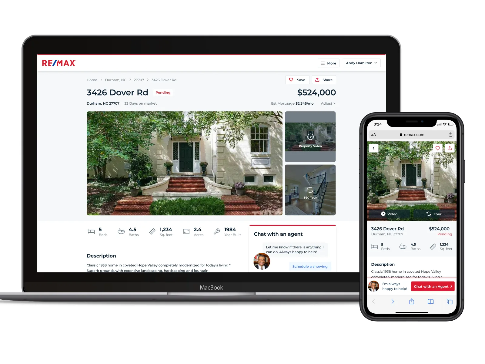 RE/MAX property listing on a laptop and phone