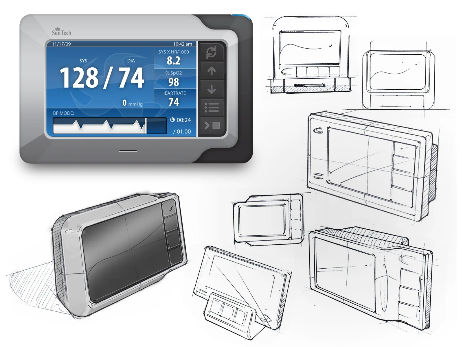 Blood pressure monitor design alongside development sketches