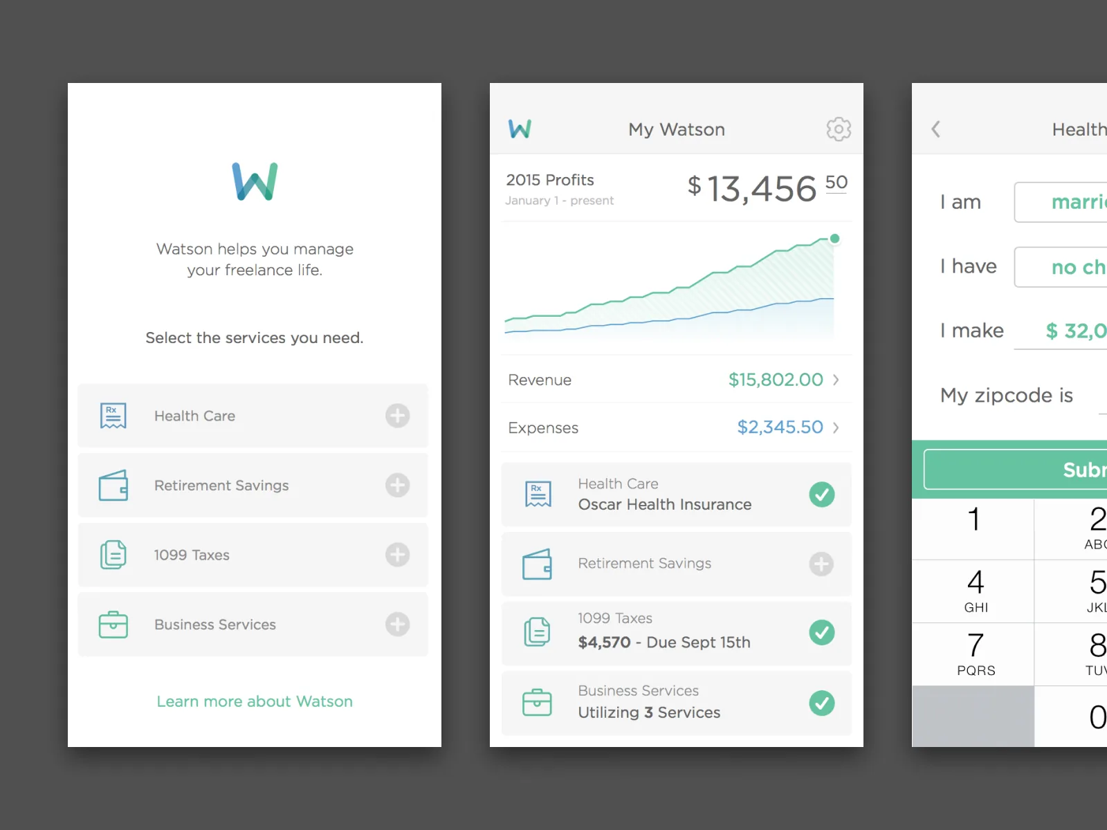 Watson mobile interface concepts with charts and account screens