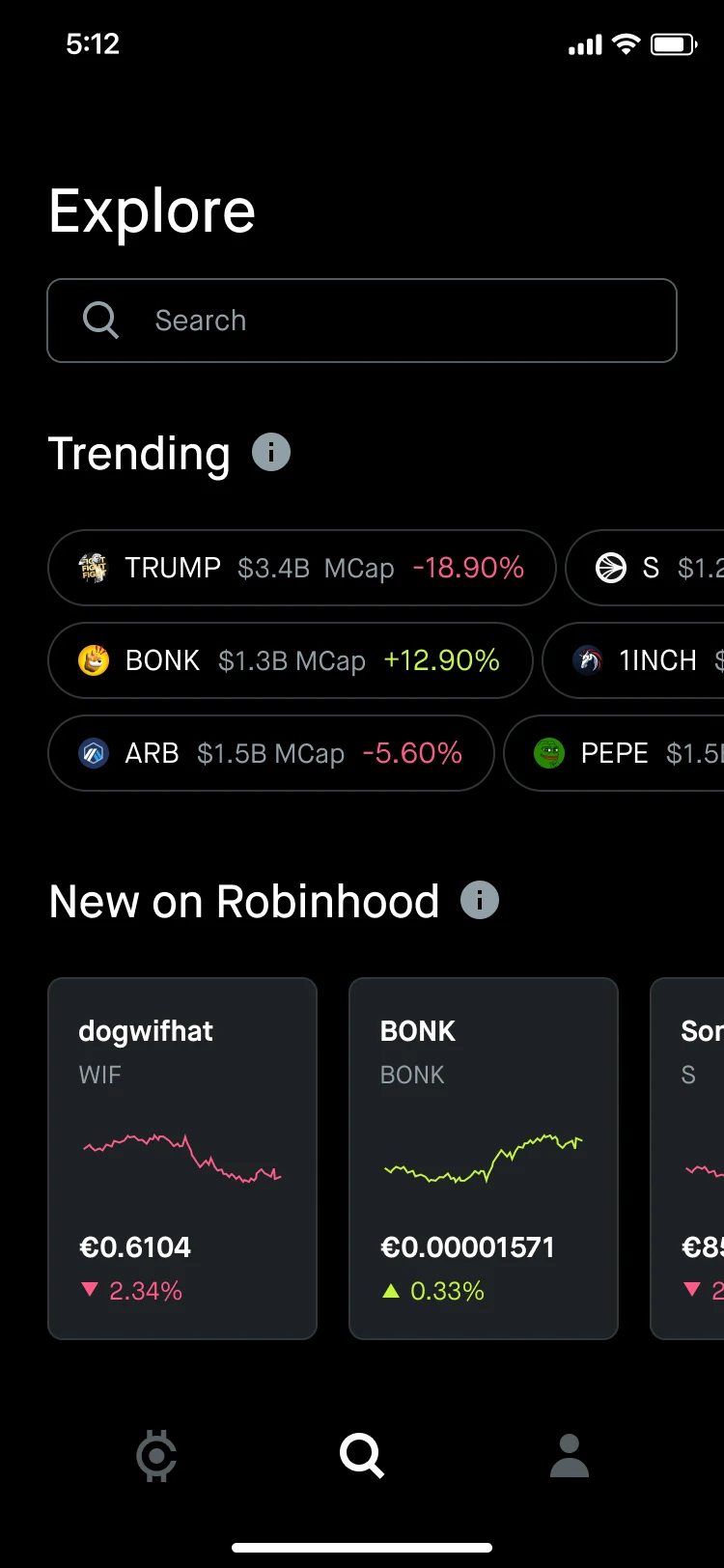 Robinhood Explore screen with trending assets and discovery cards