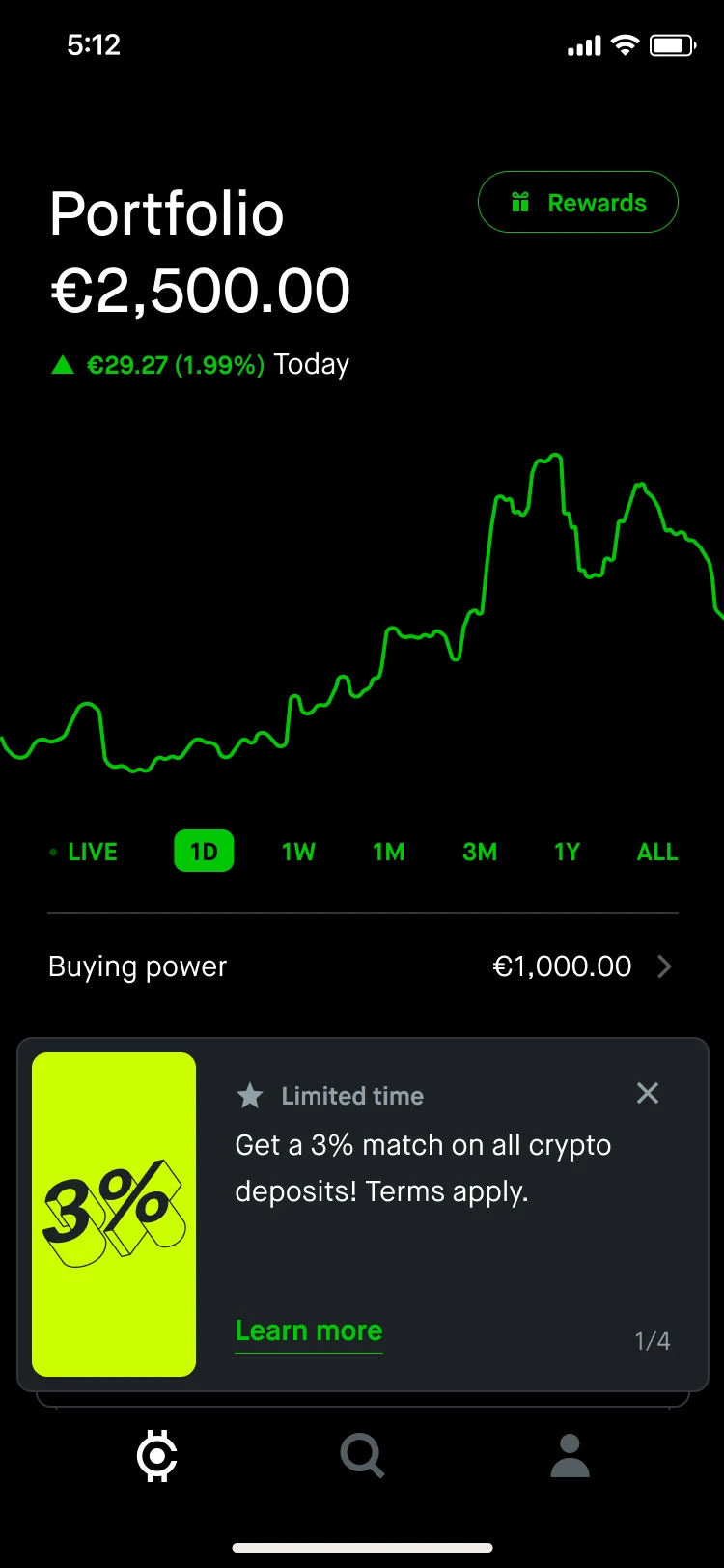 Robinhood portfolio dashboard with performance chart and rewards
