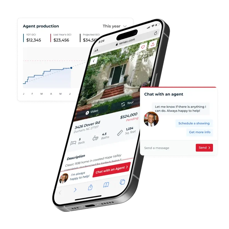 RE/MAX property listing presented on an angled phone