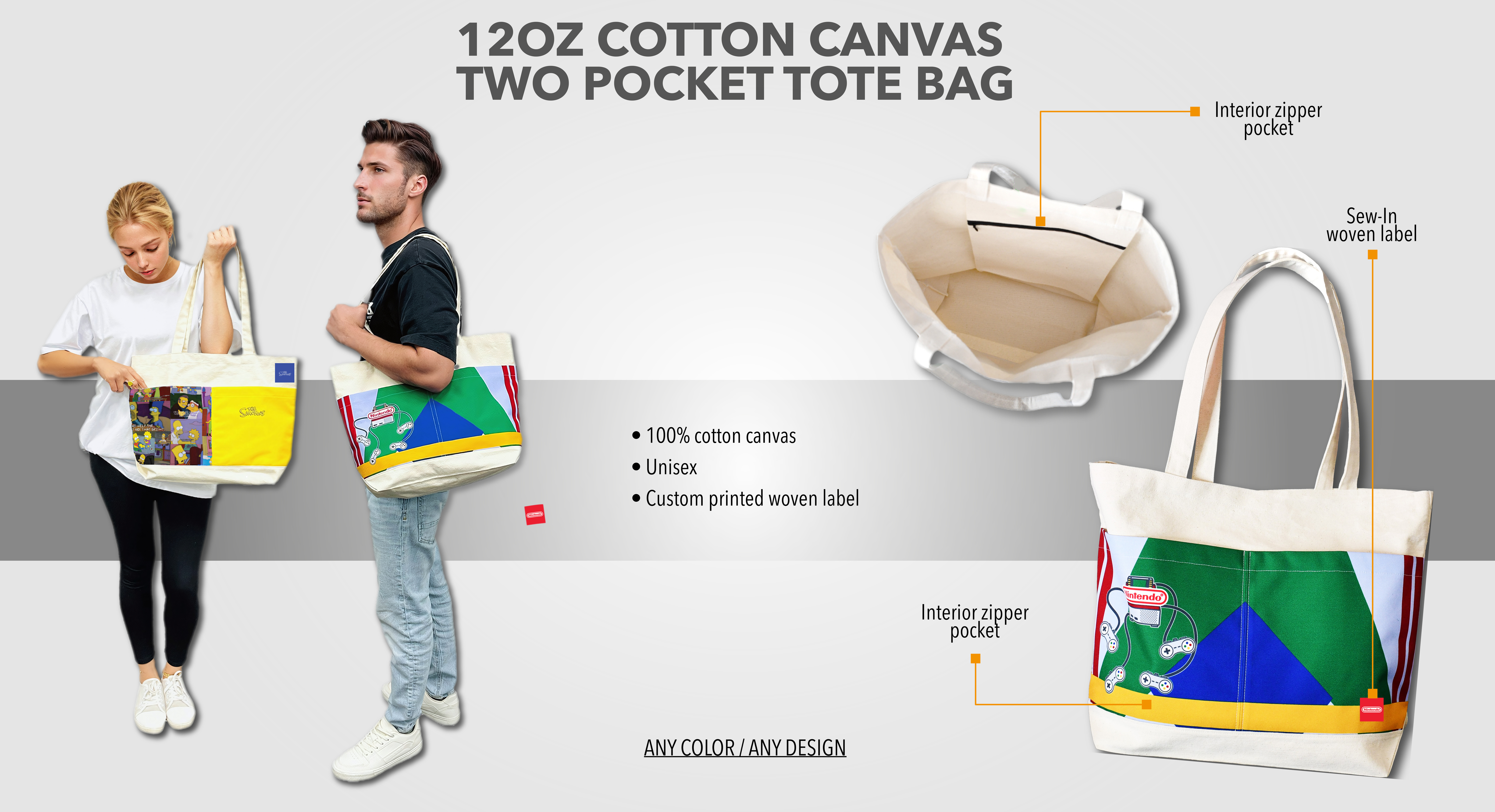12oz Cotton Canvas Two Pocket Tote Bag