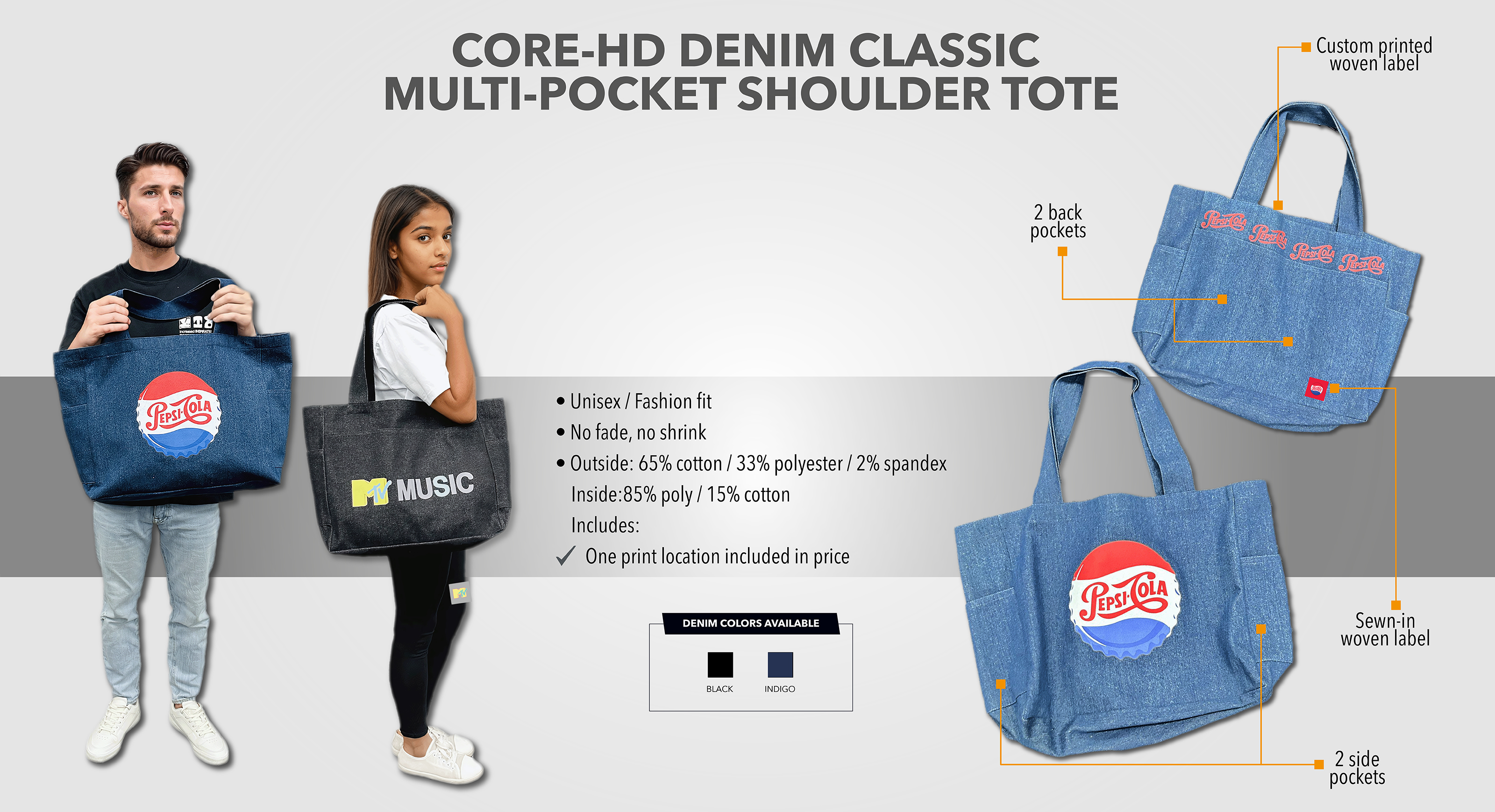 Core-HD Denim Classic Multi-pocket Shoulder Tote