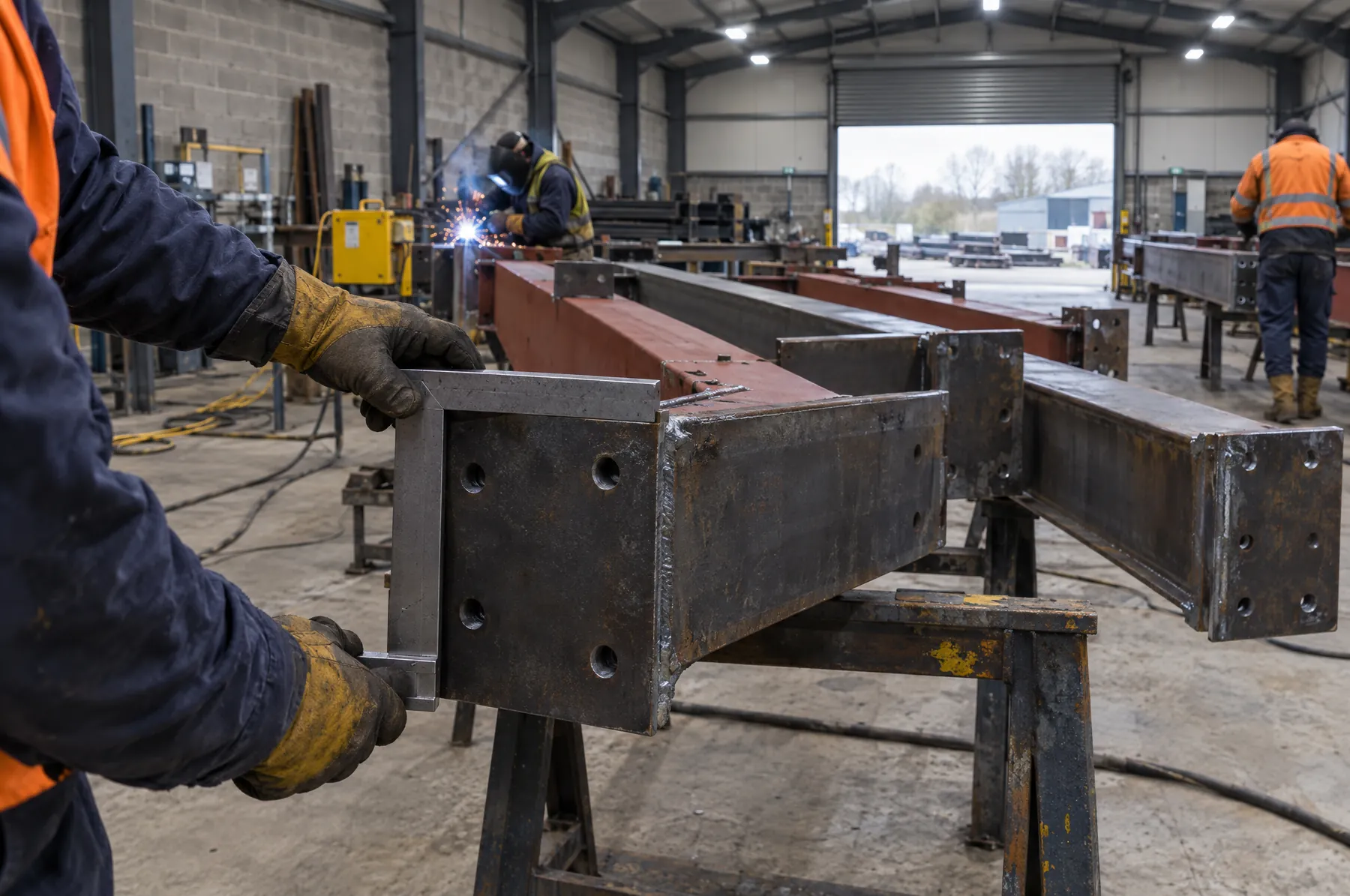 Illustrative image of structural steel beams with welded end plates on trestles in a workshop.