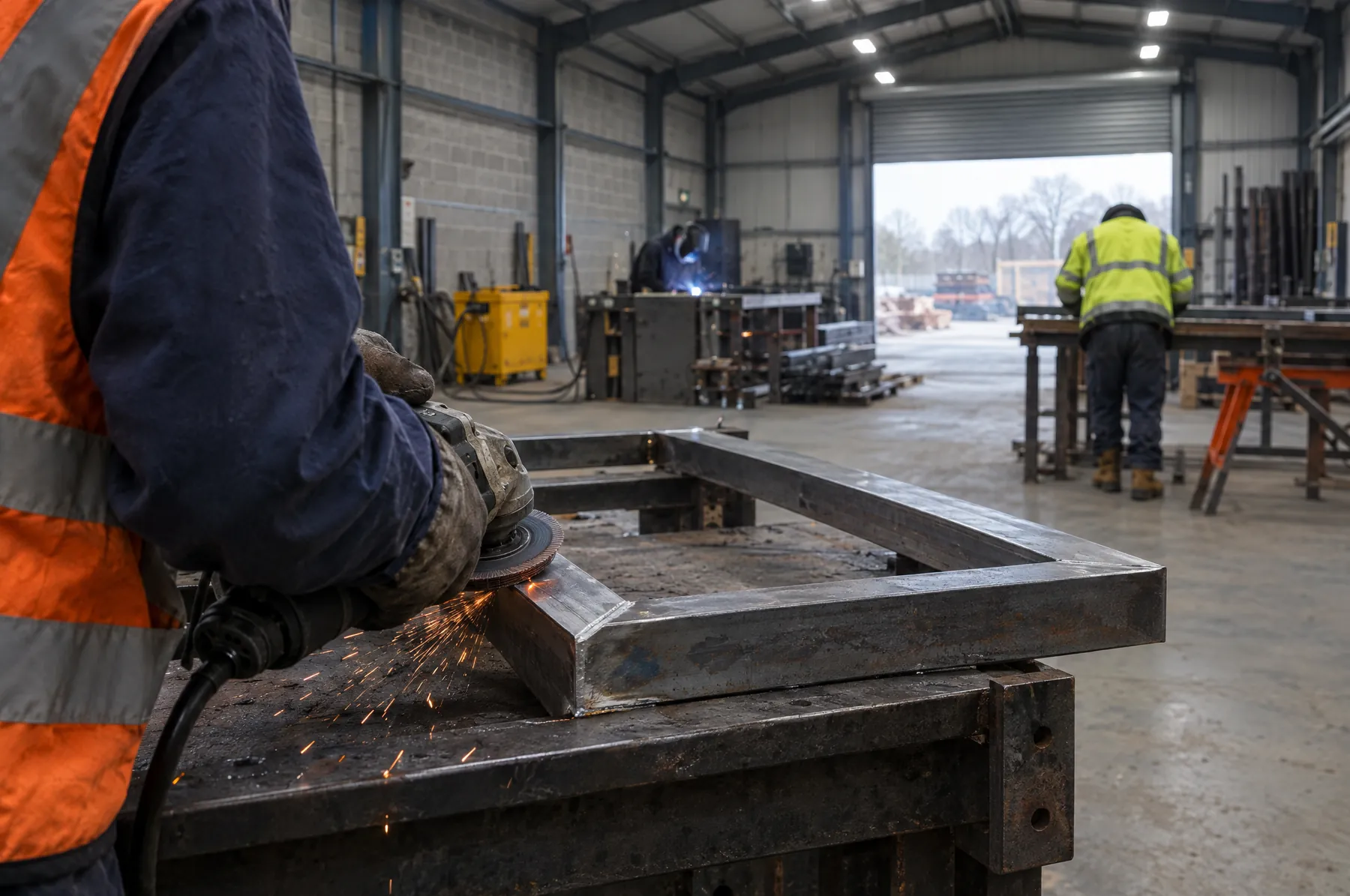 Illustrative image of an architectural steel frame being finished on a fabrication bench.
