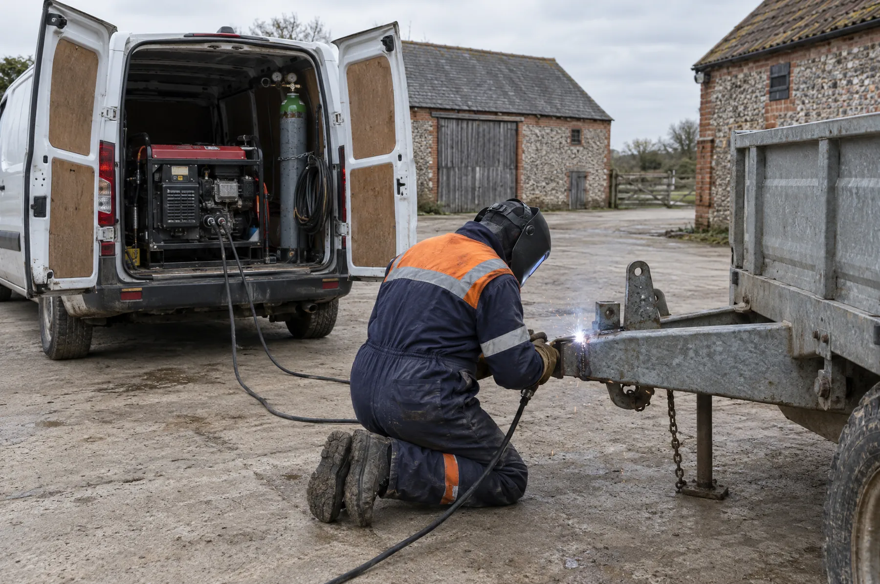 Illustrative image of a mobile welder repairing a trailer drawbar from a van in a farm yard.