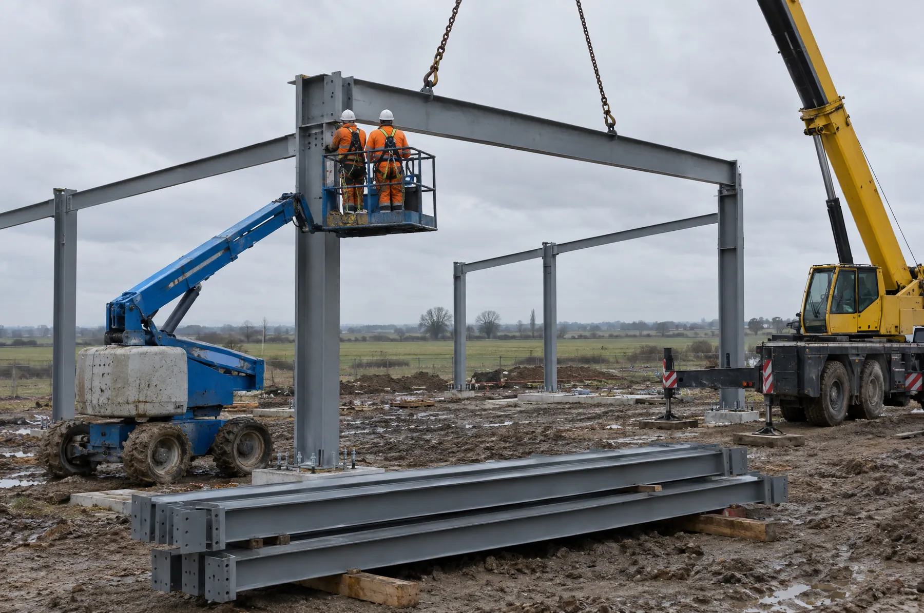 Illustrative image of steel erectors bolting a rafter to a portal frame from a boom lift.