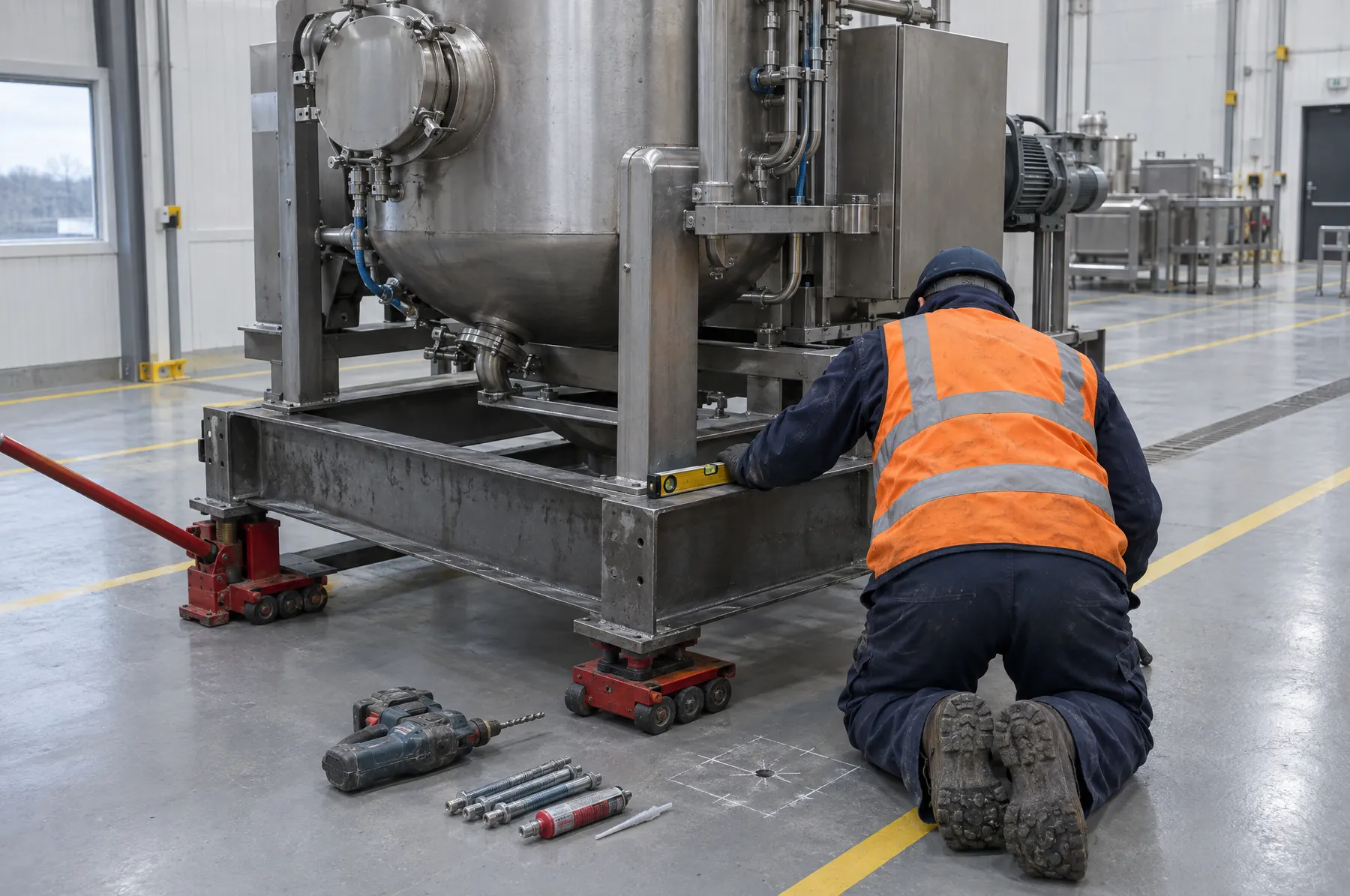 Illustrative image of a machine on skates being levelled and positioned during a factory installation.
