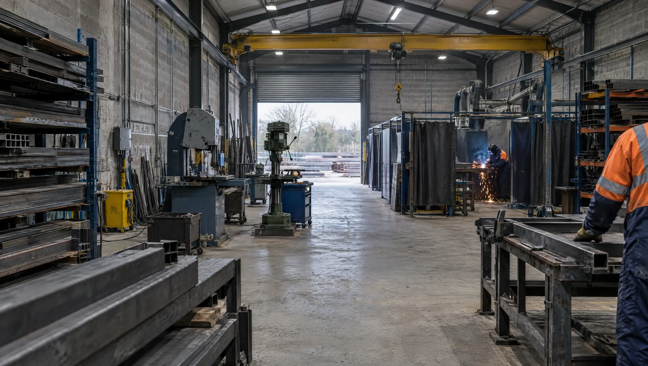 Illustrative image of a wide view across a steel fabrication workshop.
