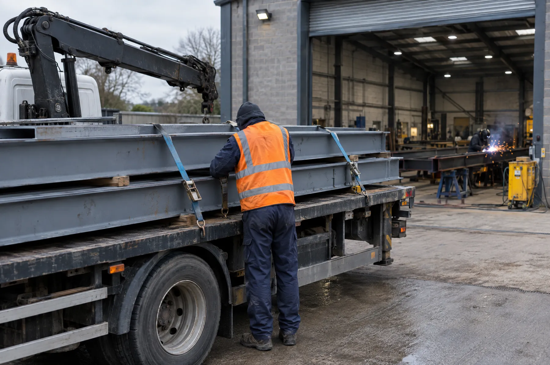 Illustrative image of primed steel beams loaded on a flatbed lorry for delivery.