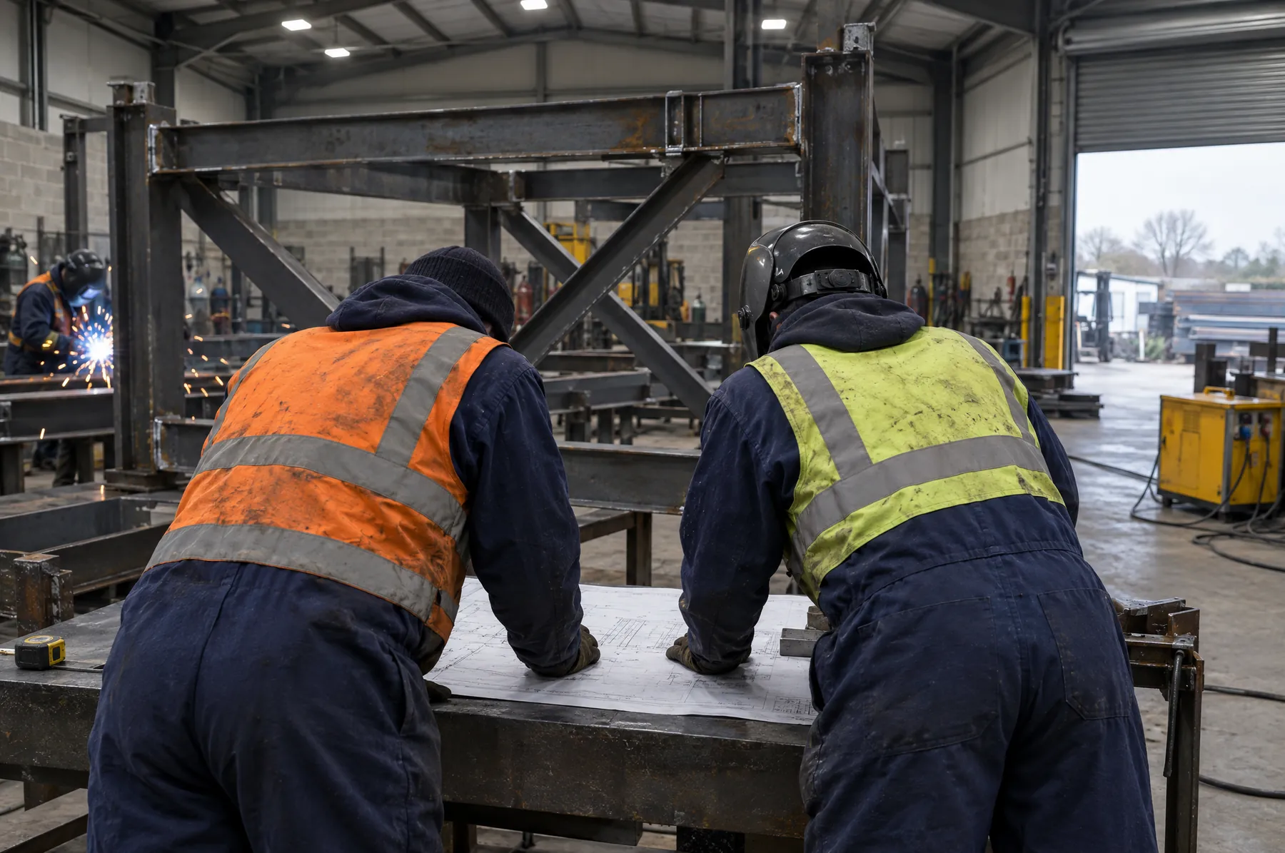Illustrative image of two fabricators, seen from behind, reviewing a drawing at a workshop bench.