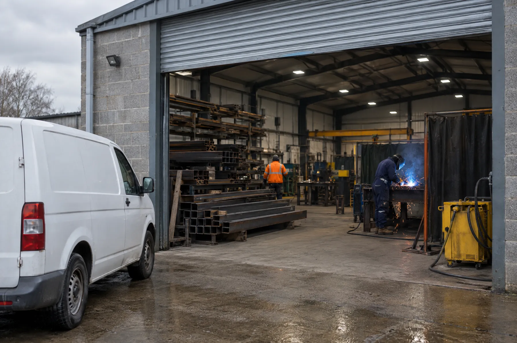 Illustrative image of an industrial unit with its roller shutter open onto a fabrication workshop.