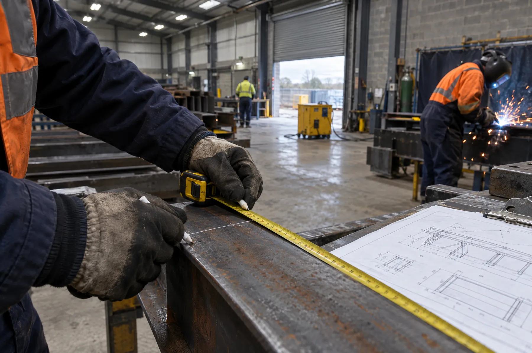 Illustrative image of gloved hands measuring and marking a steel section.