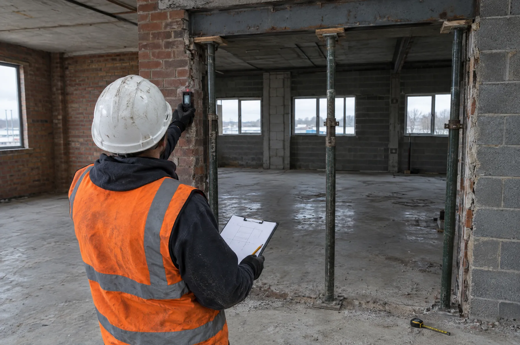 Illustrative image of a site survey being measured at a wall opening in a commercial unit.