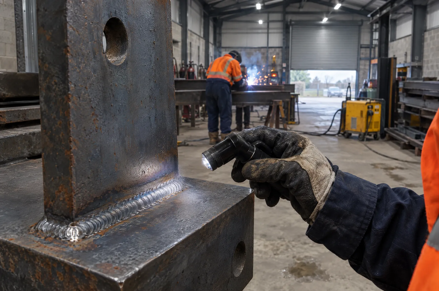 Illustrative image of a fillet weld being inspected with a torch in a welding and fabrication workshop.