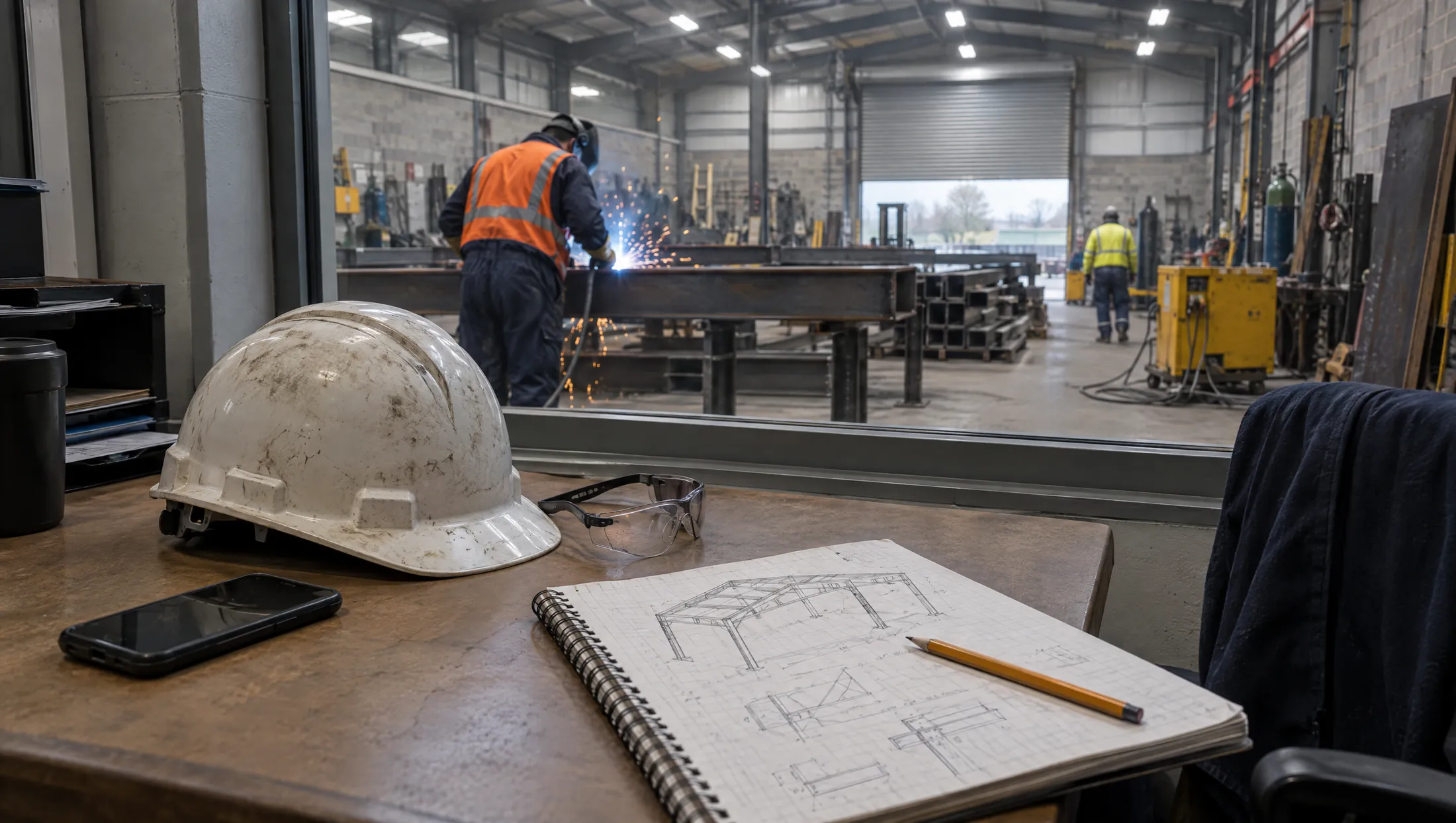 Illustrative image of a phone, hard hat and sketches on a workshop office desk.