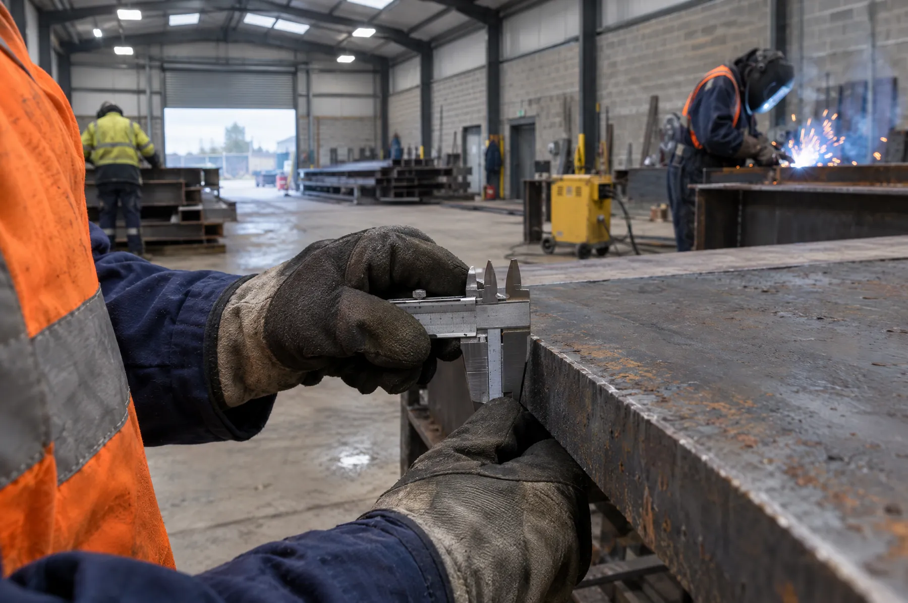Illustrative image of a steel plate being checked with a vernier caliper.