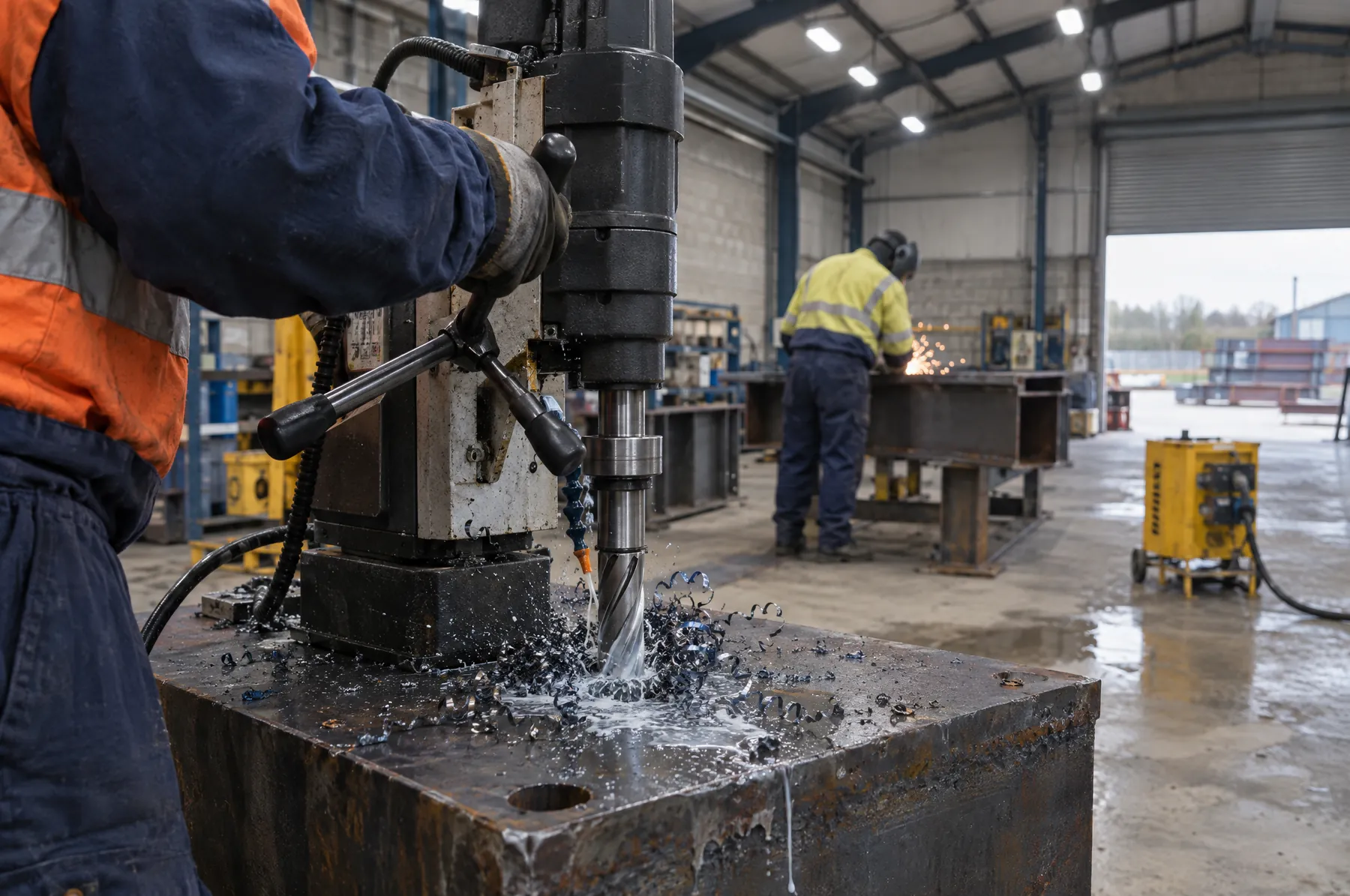Illustrative image of a magnetic drill cutting a bolt hole in a steel baseplate.