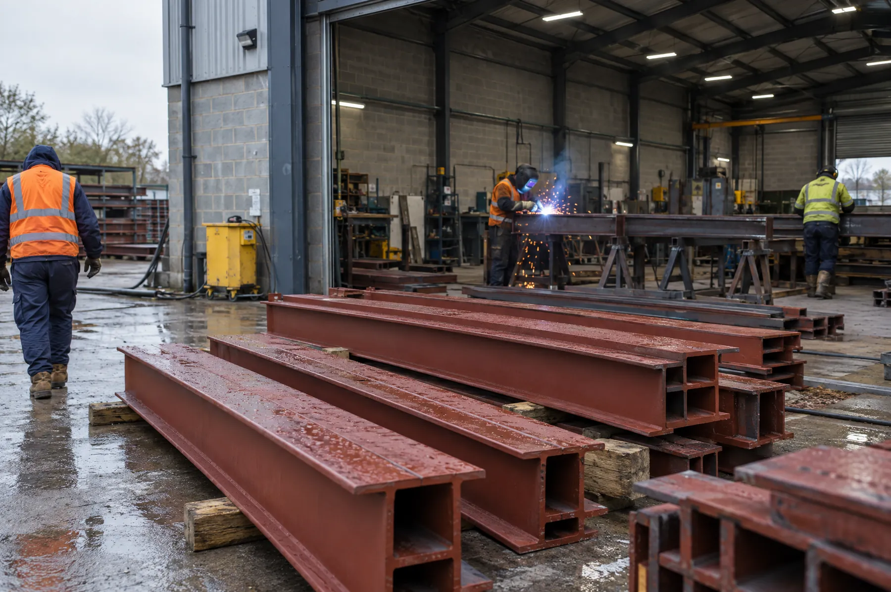 Illustrative image of primed steel beams stacked on timber bearers.