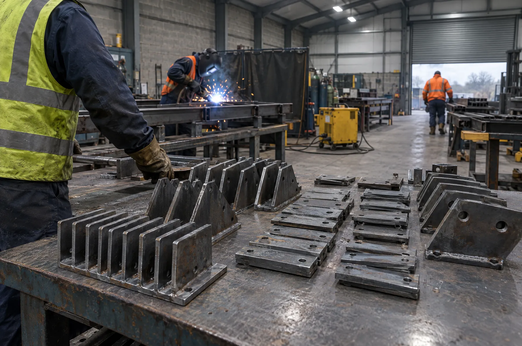 Illustrative image of cut steel brackets and cleats laid out on a bench.