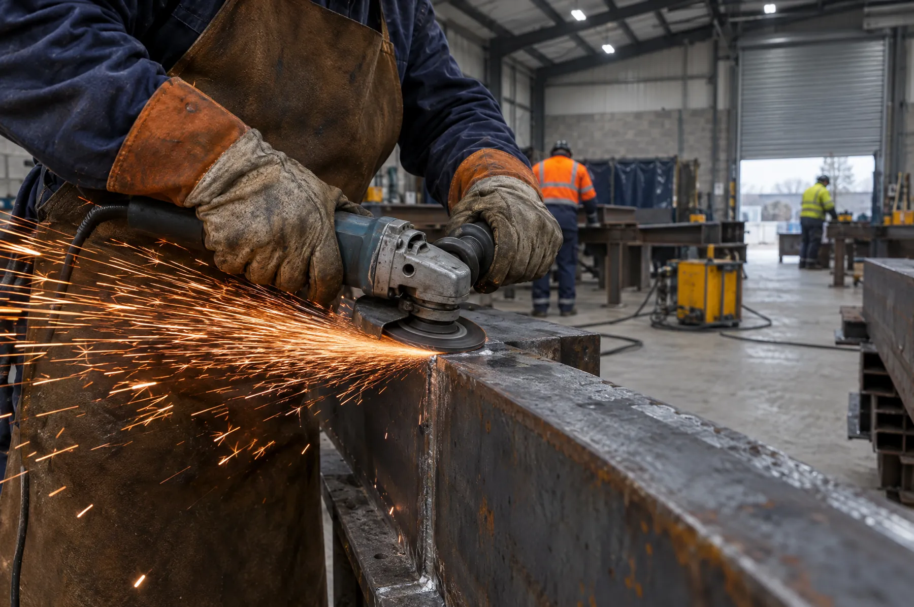 Illustrative image of an angle grinder throwing sparks while dressing a weld.