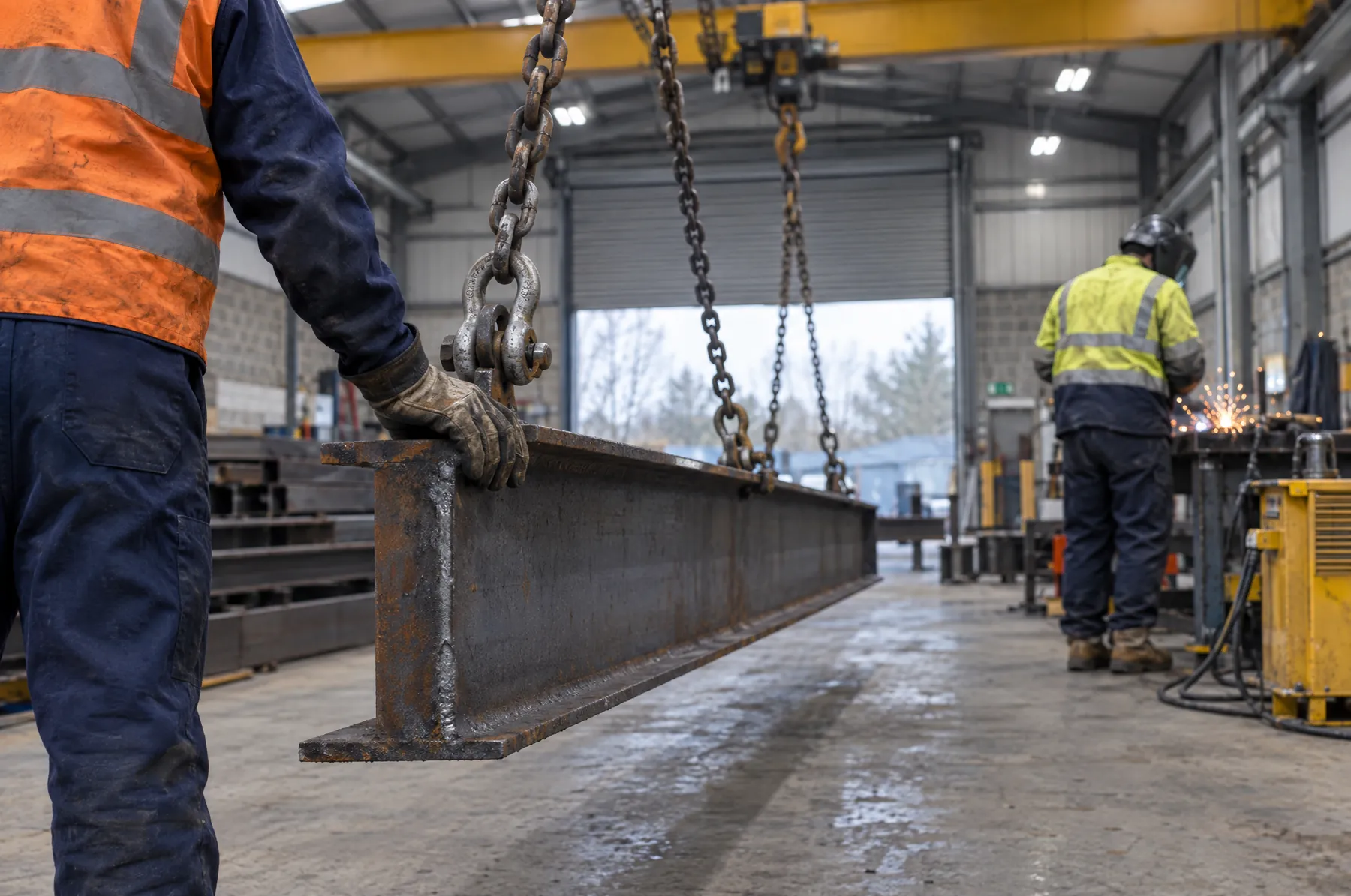 Illustrative image of lifting chains and a shackle raising a steel beam.
