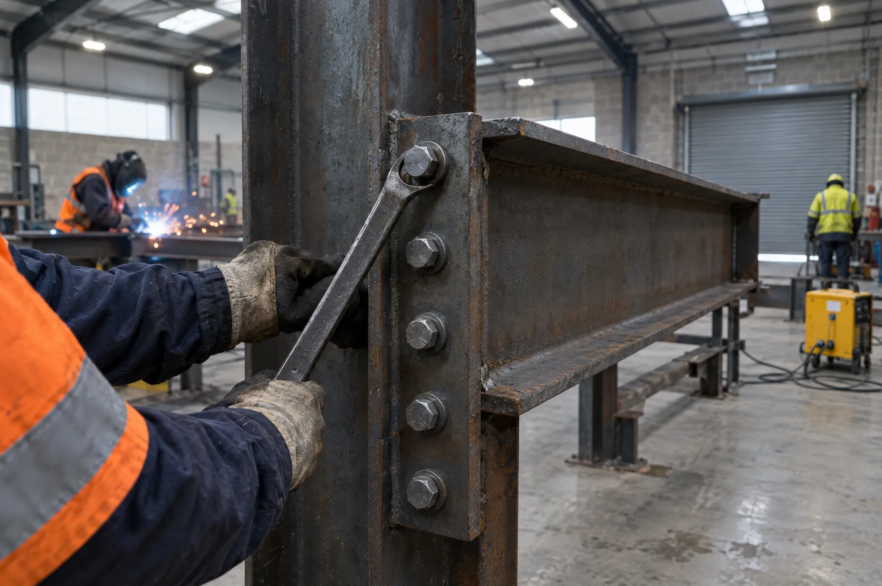 Illustrative image of a bolted beam to column connection being tightened.