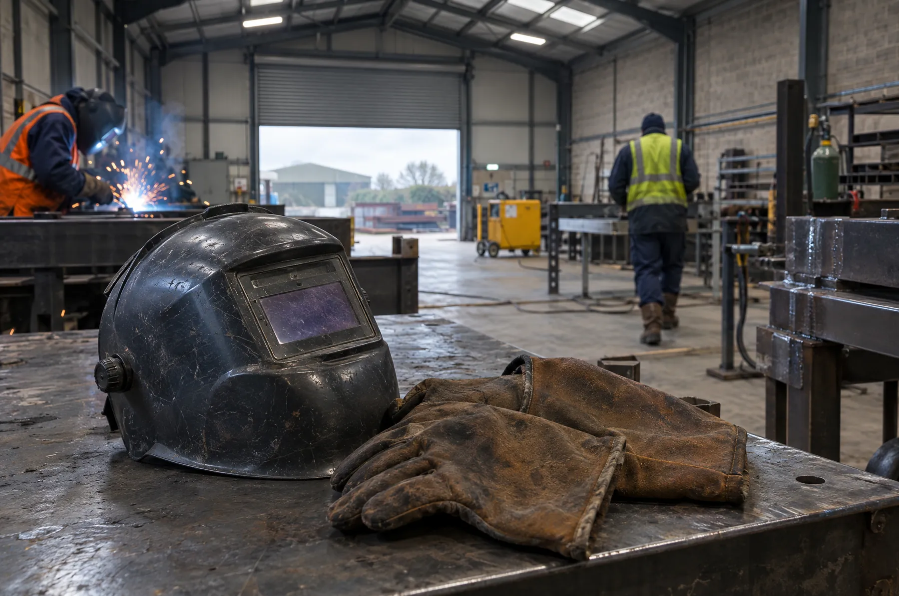 Illustrative image of a welding helmet and gauntlets on a workbench.