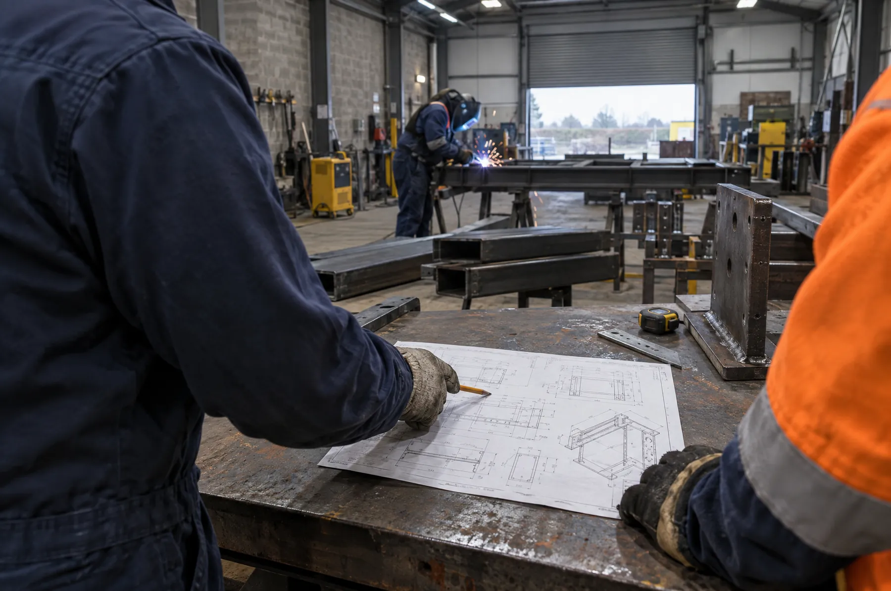 Illustrative image of a fabricator, seen from behind, pointing out a detail on a drawing.
