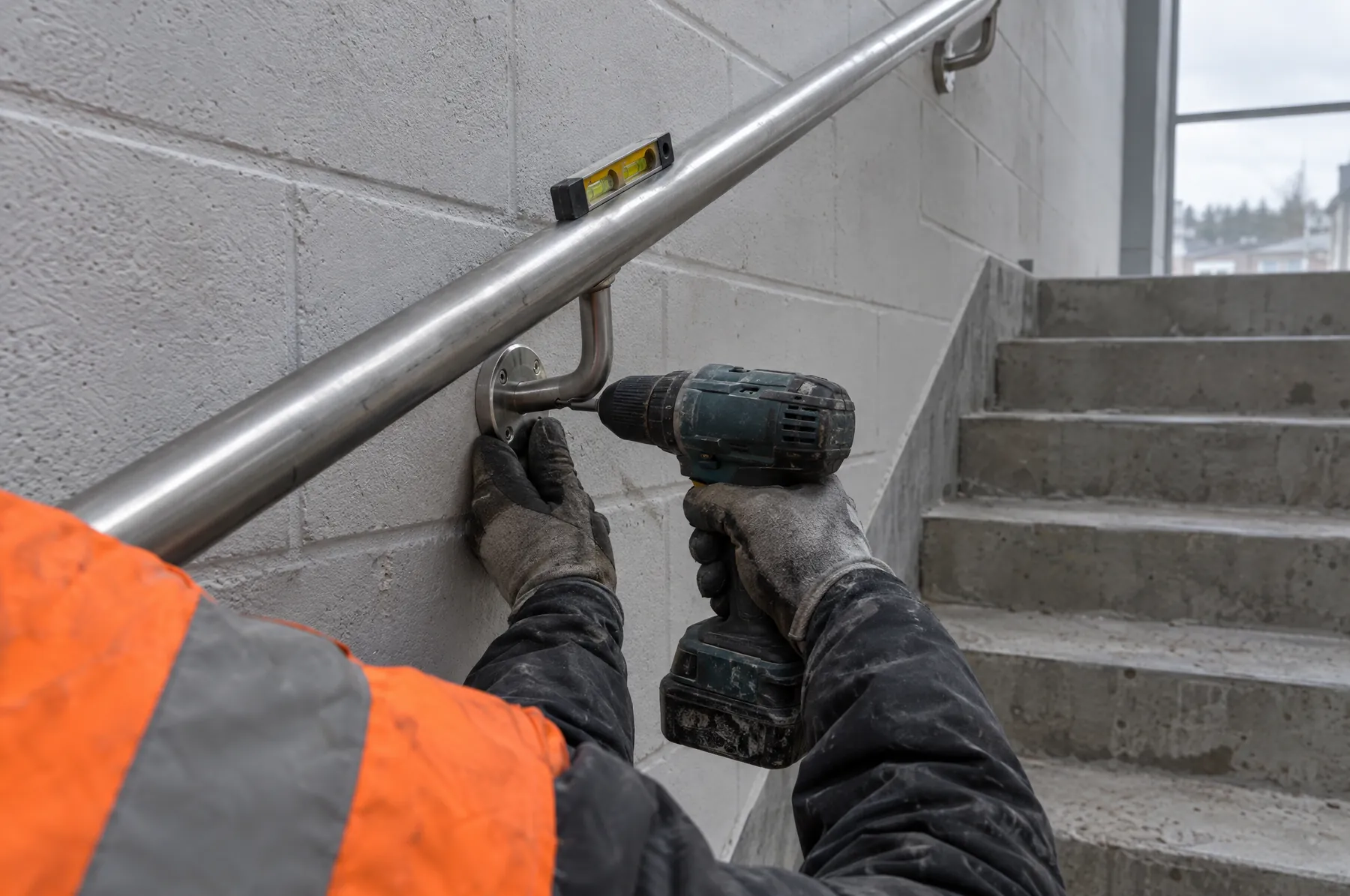 Illustrative image of a stainless steel handrail bracket being fixed in a stairwell.