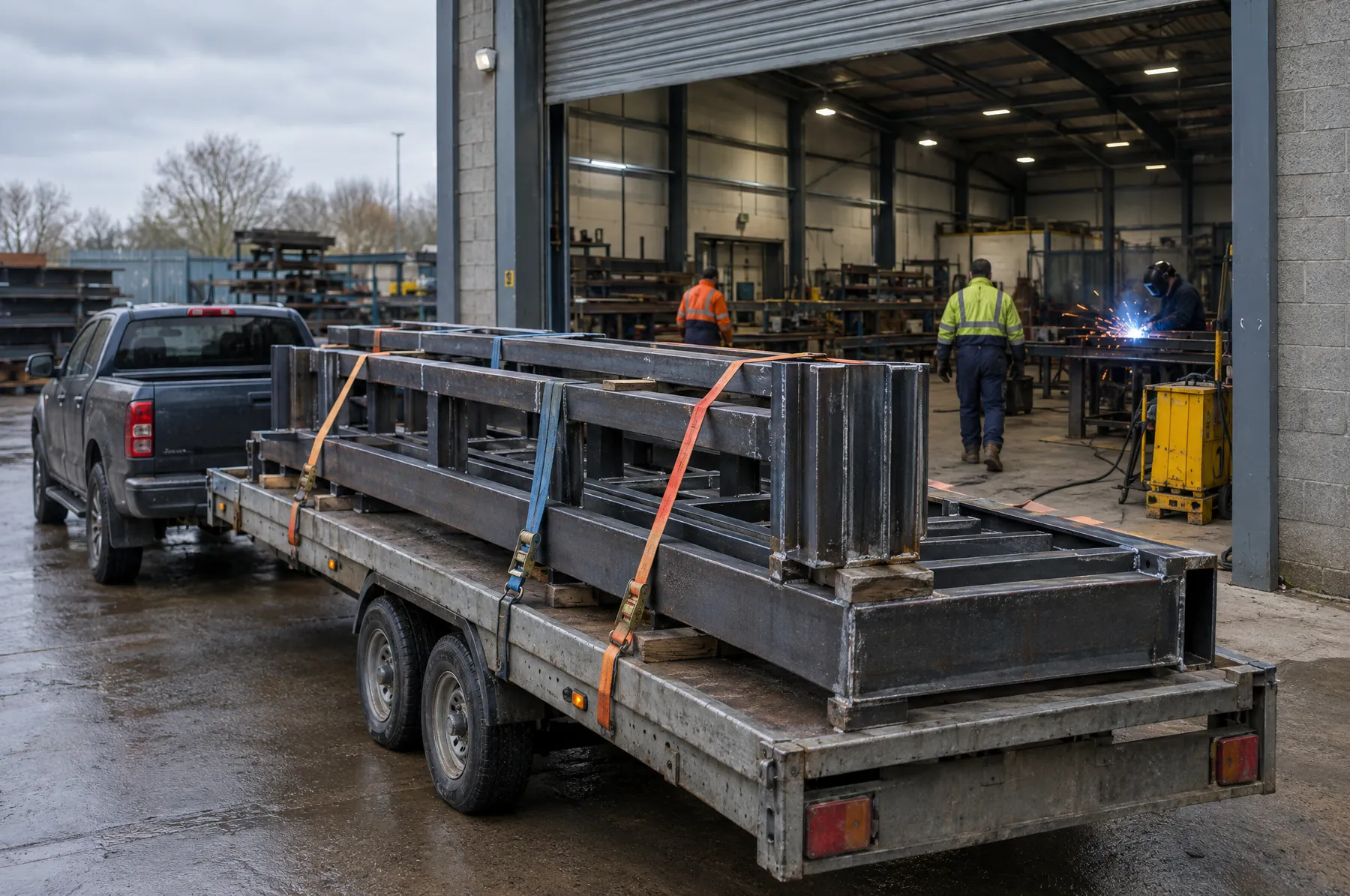 Illustrative image of finished steel frames strapped to a trailer for delivery.