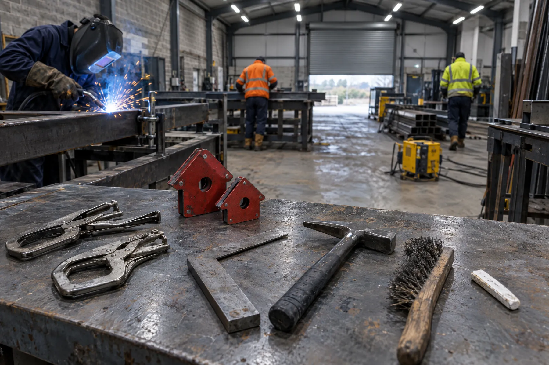 Illustrative image of welding clamps, squares and hand tools on a steel bench.