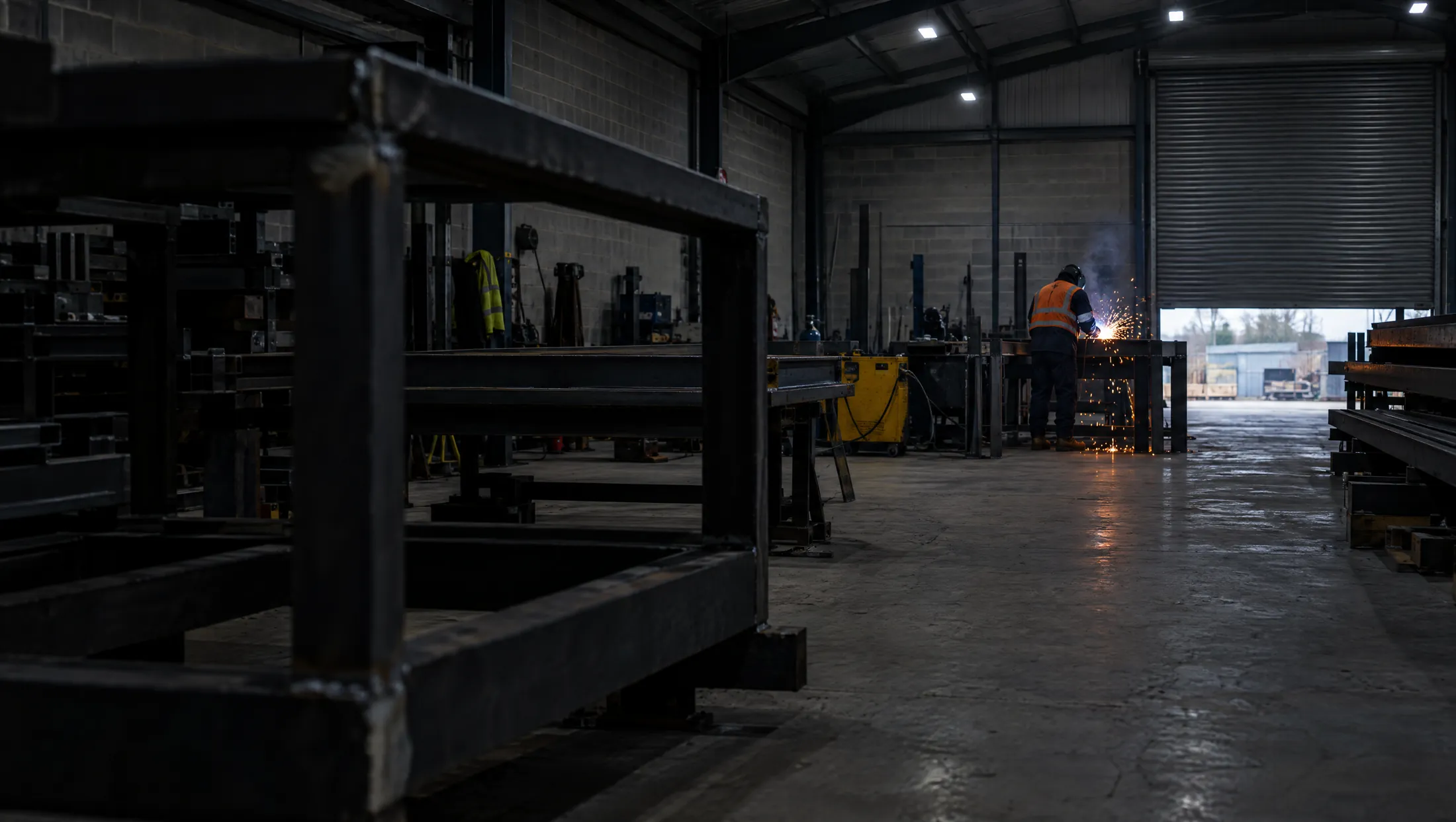 Illustrative image of a dim fabrication workshop with welding sparks in the distance.