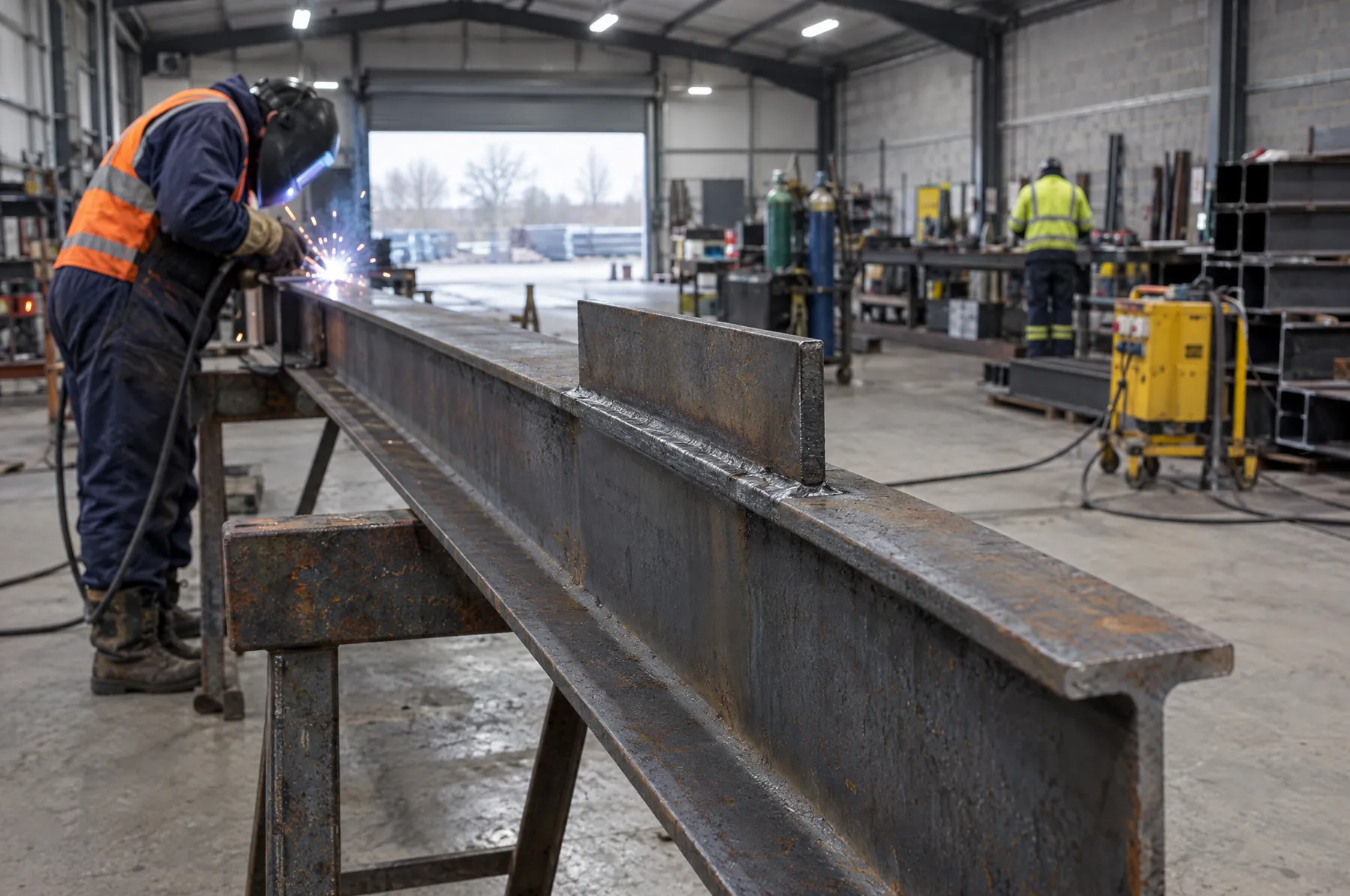 Illustrative image of a steel beam with a freshly welded stiffener plate.