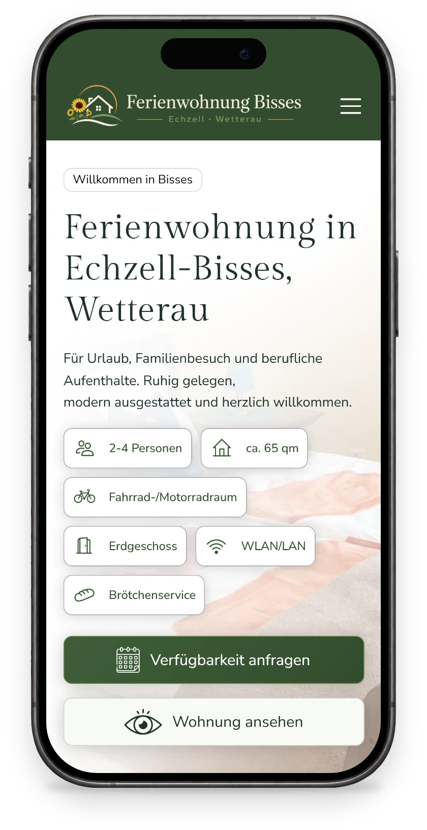 Website von Ferienwohnung in der Wetterau auf dem Handy