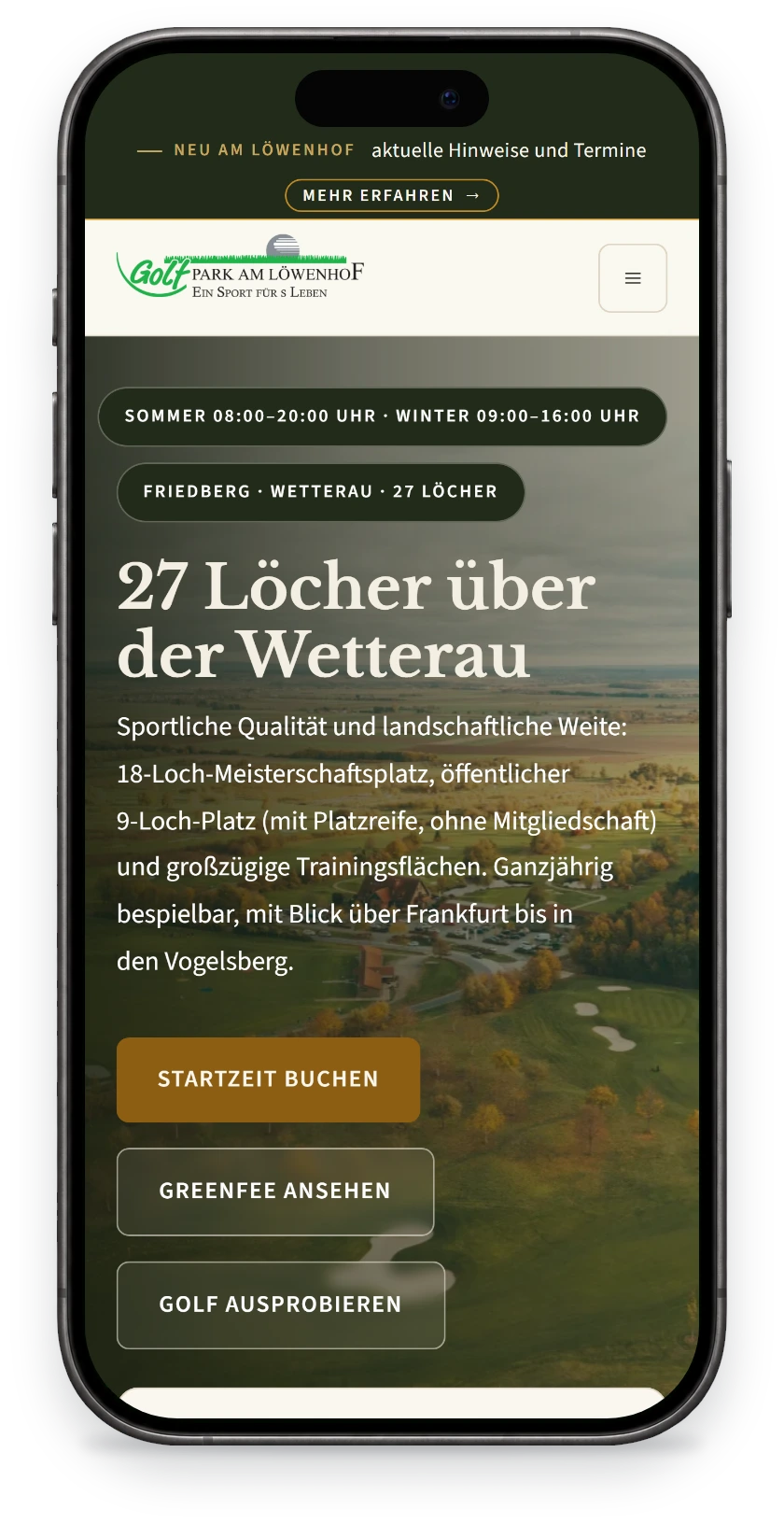 Website von Golf Löwenhof auf dem Handy