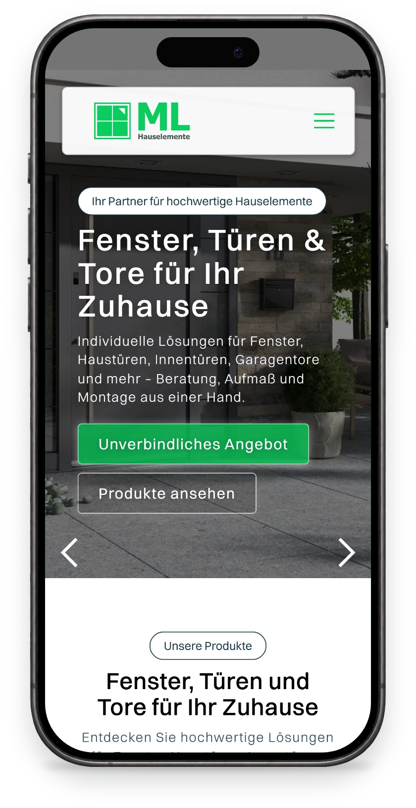 Website von ML Hauselemente auf dem Handy