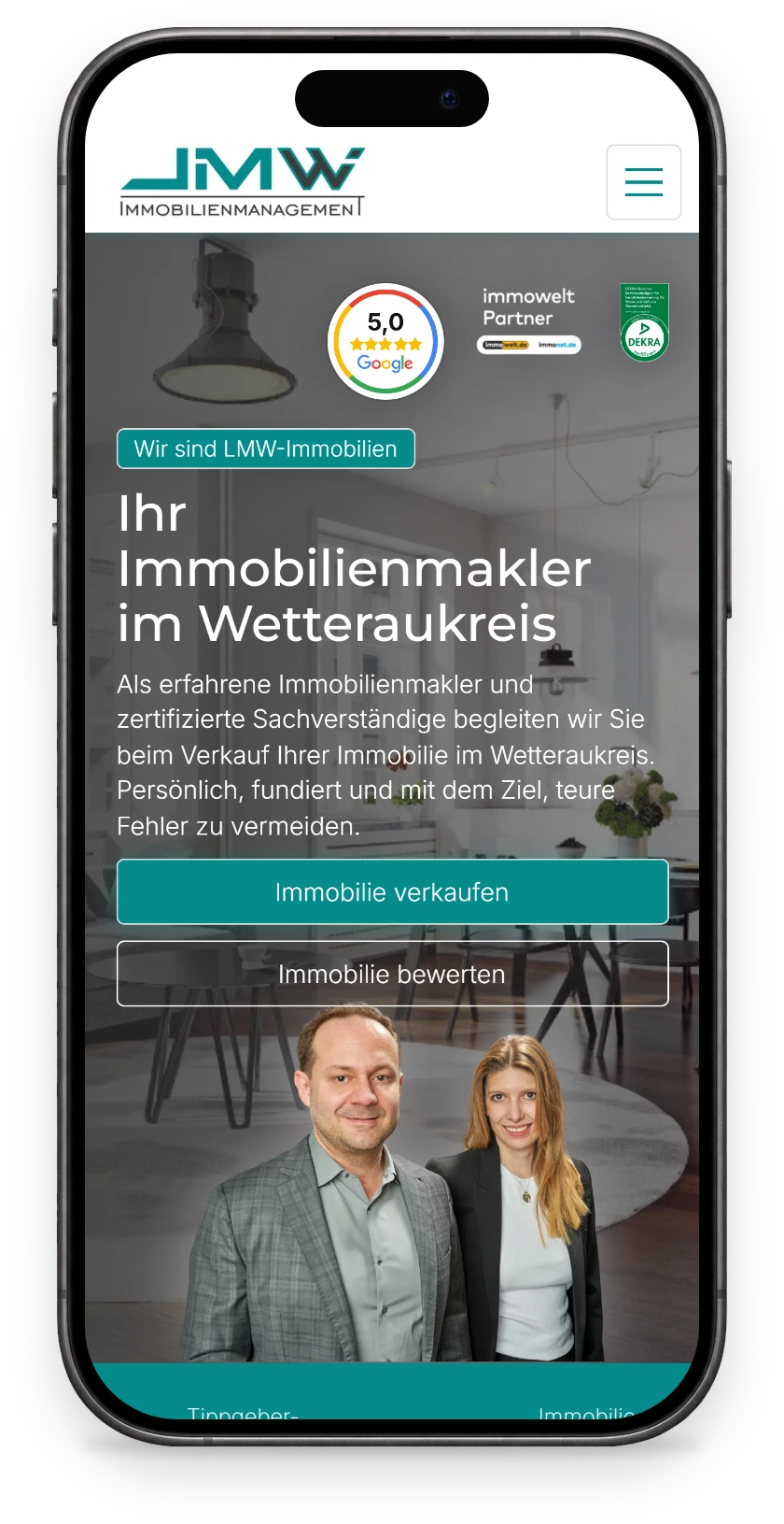 Website von LMW Immobilien auf dem Handy